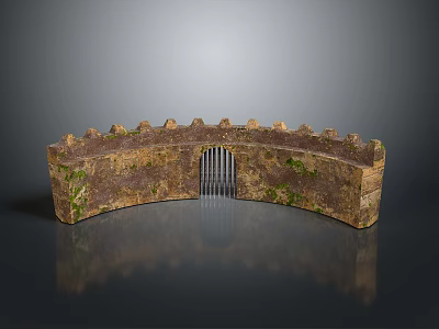 Arc Stone Wall Structure with Crenellated Top Metal Gate and Green Vegetation 3d model