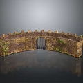 Arc Stone Wall Structure with Crenellated Top Metal Gate and Green Vegetation