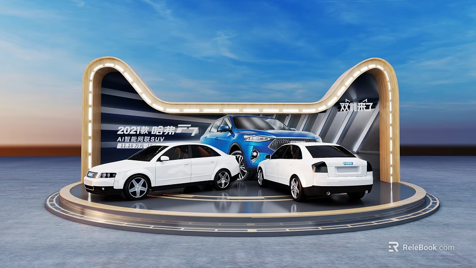 Car Display Cabinets Featuring Arched Design Lighting And Three Blue White Cars On Circular Platform 3d model 