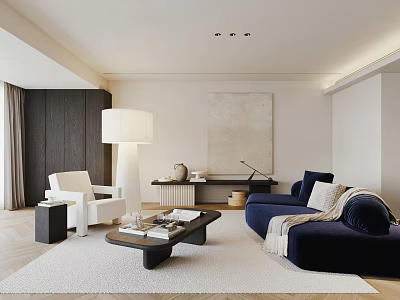 Modern Living Room With Navy Blue Sofa White Armchair Wooden Coffee Table And Floor Lamp 3d model