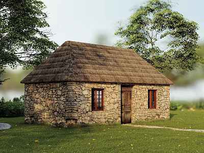 Rustic Stone Cottage With Thatched Roof Set In Green Trees And Grassy Surroundings 3d model
