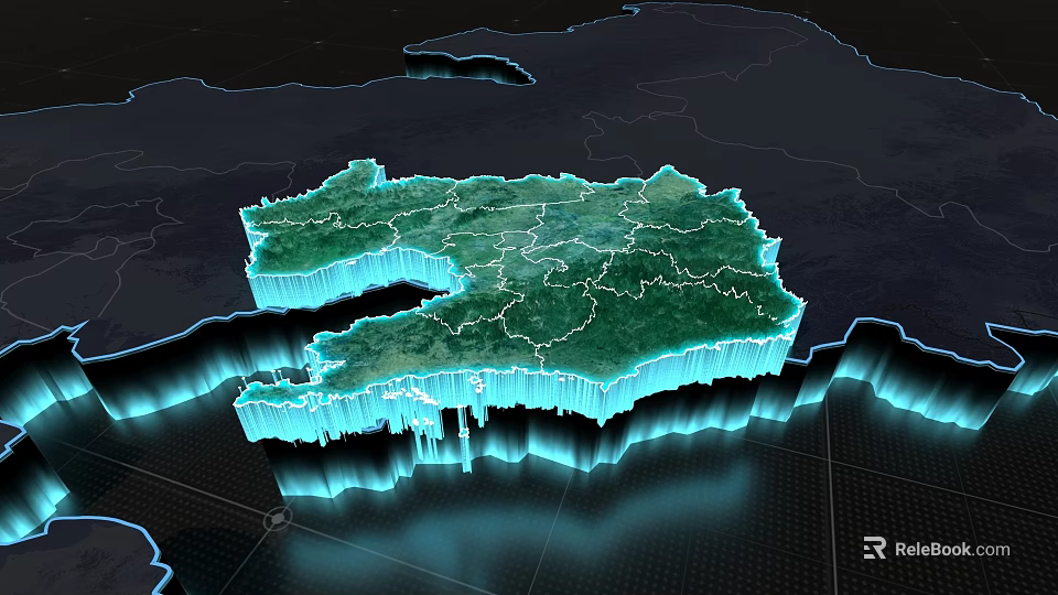 3D Green Region Map With Blue Glowing Edges And Detailed Terrain Rendering 3d model 