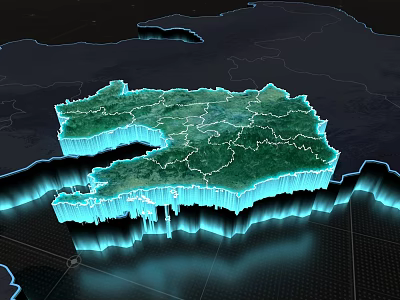 3D Green Region Map With Blue Glowing Edges And Detailed Terrain Rendering 3d model