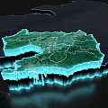 3D Green Region Map With Blue Glowing Edges And Detailed Terrain Rendering