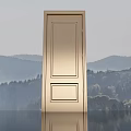 Elegant Golden Door With Scenic Mountain Tree Background And Water Reflection