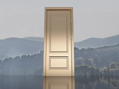 Elegant Golden Door With Scenic Mountain Tree Background And Water Reflection 3d model