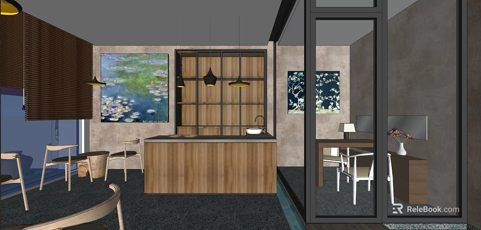 Modern Restaurant Interior With Wooden Counter Art Paintings And Pendant Lights 3d model 