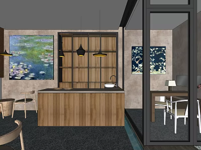 Modern Restaurant Interior With Wooden Counter Art Paintings And Pendant Lights 3d model