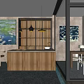 Modern Restaurant Interior With Wooden Counter Art Paintings And Pendant Lights
