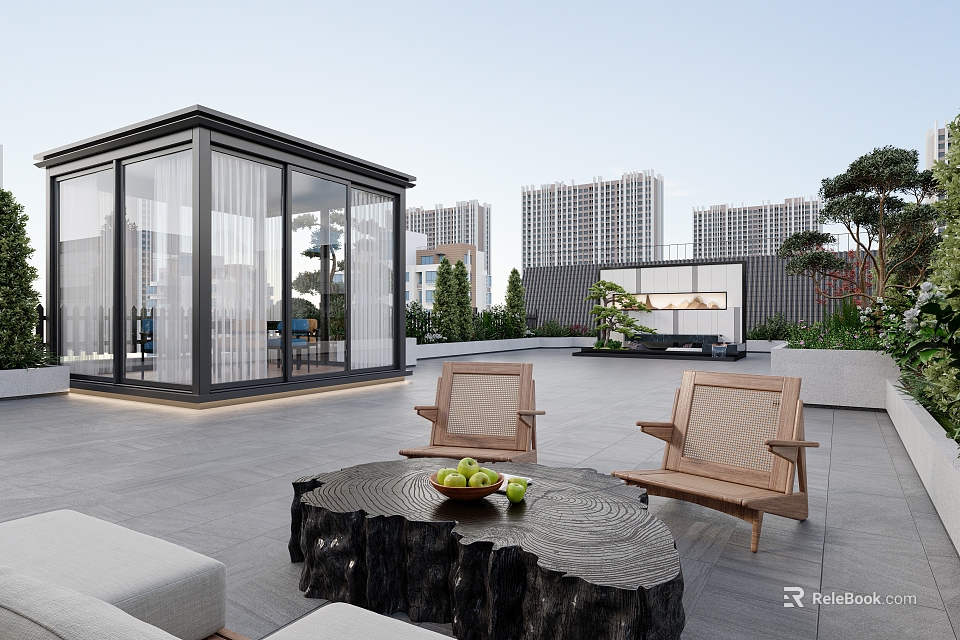 Contemporary Landscape Pavilion Featuring Glass Curtain Walls Outdoor Furniture And Modern Building Backdrop On Terrace 3d model 