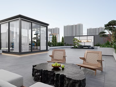 Contemporary Landscape Pavilion Featuring Glass Curtain Walls Outdoor Furniture And Modern Building Backdrop On Terrace 3d model