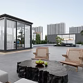 Contemporary Landscape Pavilion Featuring Glass Curtain Walls Outdoor Furniture And Modern Building Backdrop On Terrace