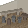 Light Colored Stone Bench And Wooden Stools On Indoor Wooden Floor