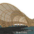 Modern Curved Wooden Pergola With Intricate Openwork Design And Water Reflection 3d model