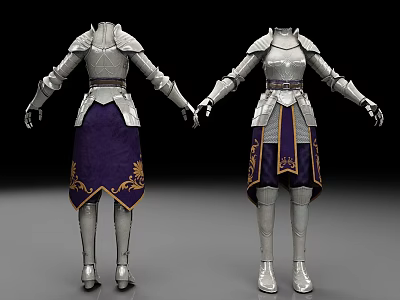Full Body Silver Armor With Purple Skirt And Golden Decorative Patterns 3d model