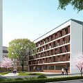 Multi Story Modern School Building With Red Brick Facade Glass Windows And Green Lawn Area