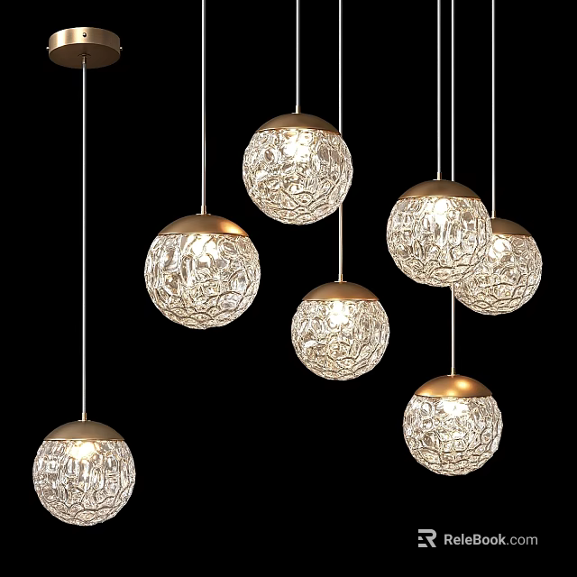 Modern Spherical Chandeliers with Textured Glass and Gold Bases 3d model 