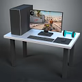 Gaming Desk Setup With Computer Tower Monitor Game Screen Keyboard Mouse Pad And Dumbbell