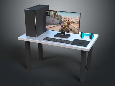 Gaming Desk Setup With Computer Tower Monitor Game Screen Keyboard Mouse Pad And Dumbbell 3d model