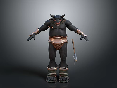 Horned Minotaur 3D Model With Black Skin Brown Loincloth Armored Boots And Spear 3d model