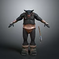 Horned Minotaur 3D Model With Black Skin Brown Loincloth Armored Boots And Spear