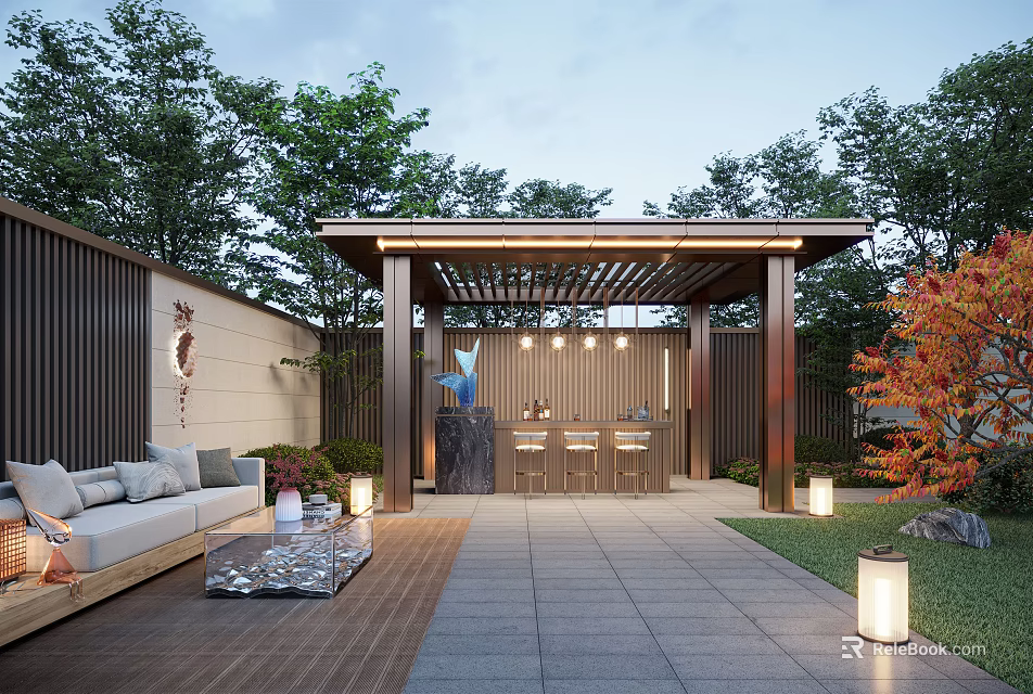 Serene Garden Landscape With Pergola Sofa Seating Coffee Table Stone Paving And Decorative Lanterns 3d model 