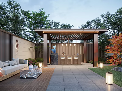 Serene Garden Landscape With Pergola Sofa Seating Coffee Table Stone Paving And Decorative Lanterns 3d model