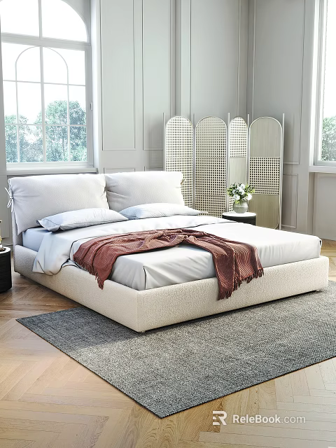 White Upholstered Double Bed with Red Blanket Nightstand Plant and Window in Cozy Bedroom 3d model 