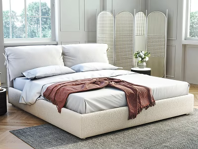 White Upholstered Double Bed with Red Blanket Nightstand Plant and Window in Cozy Bedroom 3d model