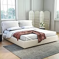 White Upholstered Double Bed with Red Blanket Nightstand Plant and Window in Cozy Bedroom
