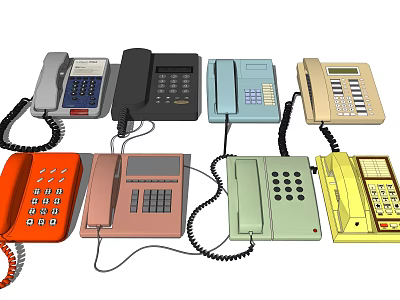 Vintage Telephones In Various Colors And Different Styles With Keypads And Cords 3d model