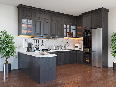Dark Wood Kitchen Cabinets With Marble Countertop Island Stainless Steel Fridge And Plants 3d model
