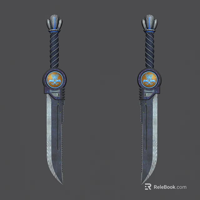 Ornate Twin Knives Featuring Black Twisted Handles Circular Blue Orange Emblems And Silver Textured Blades 3d model 