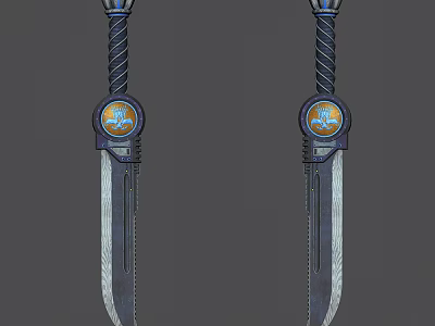 Ornate Twin Knives Featuring Black Twisted Handles Circular Blue Orange Emblems And Silver Textured Blades 3d model