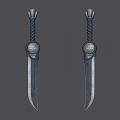 Ornate Twin Knives Featuring Black Twisted Handles Circular Blue Orange Emblems And Silver Textured Blades