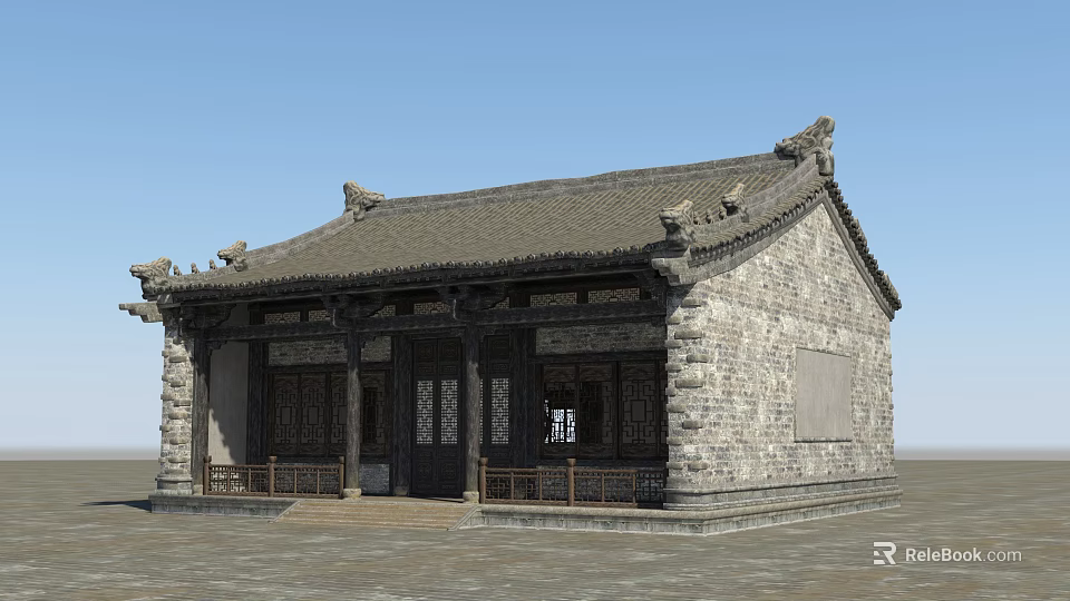 Traditional Ancient Building Featuring Stone Walls Wooden Railing Carved Doors Windows and Curved Eaves 3d model 