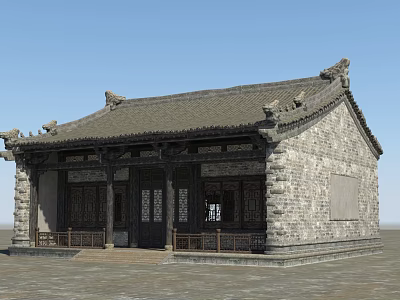 Traditional Ancient Building Featuring Stone Walls Wooden Railing Carved Doors Windows and Curved Eaves 3d model