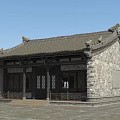 Traditional Ancient Building Featuring Stone Walls Wooden Railing Carved Doors Windows and Curved Eaves