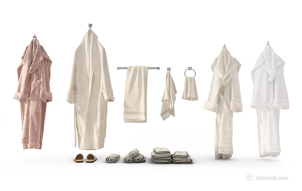 Soft Cozy Bathrobes in Various Colors with Matching Towels Slippers for Bathroom Use 3d model 