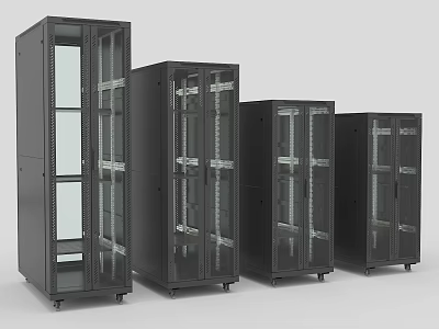 Industrial Equipment Multiple Black Server Racks With Glass Doors And Wheels 3d model