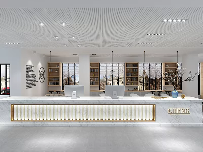 Modern Office Reception Desk With White Countertop Gold Accents Pendant Lights And Bookshelves 3d model
