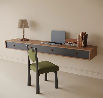 Modern Wall Mounted Wooden Desk With Laptop Lamp Books And Green Chair In Neutral Room 3d model