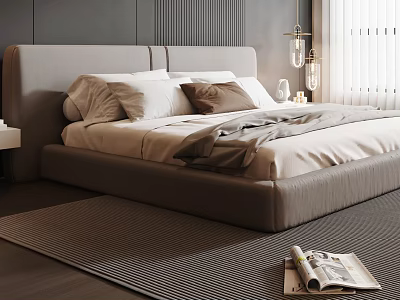 Modern Double Bed Bedroom Interior With Gray Headboard Neutral Pillows And Bedside Lamp 3d model
