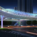 Modern Pedestrian Bridge Design With Tall Buildings Greenery And Cars Under Blue Sky