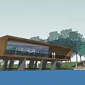Picturesque Waterfront Marina Featuring Wooden Dock Boats Trees Shore Buildings And People
