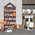Adorable Stuffed Toys Rabbit Dolls And Teddy Bears On Pink Bookshelf With Books Decorative Items