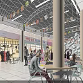 Bright Shopping Mall Lobby Interior With Colorful Banners Storefronts Seating Area Wooden Pillars And Lighting
