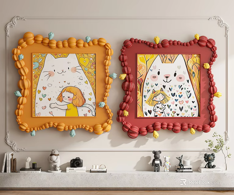 Abstract Paintings With Balloon Borders Orange Red Cats And Little Girls Decorative Wall 3d model 