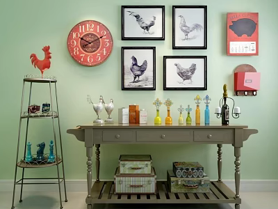 Entryway Console Table with Green Wall Framed Rooster Prints Red Clock and Decorative Items 3d model