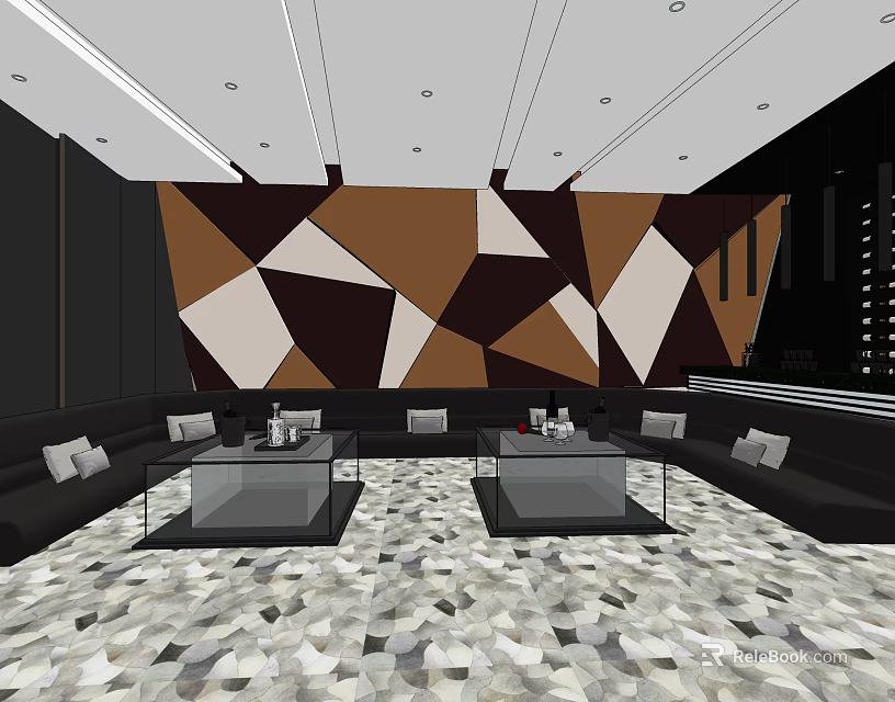 KTV Interior With Brown White Geometric Pattern Wall Black Sofas Glass Coffee Tables Ceiling Lights 3d model